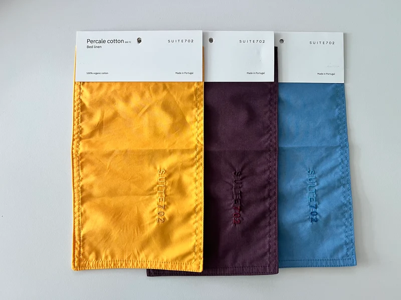 Fabric Swatch Percale Cotton Update August 2026 - Mango, Plum Noir & Quiet Blue