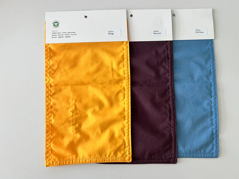 Fabric Swatch Percale Cotton Update August 2026 - Mango, Plum Noir & Quiet Blue