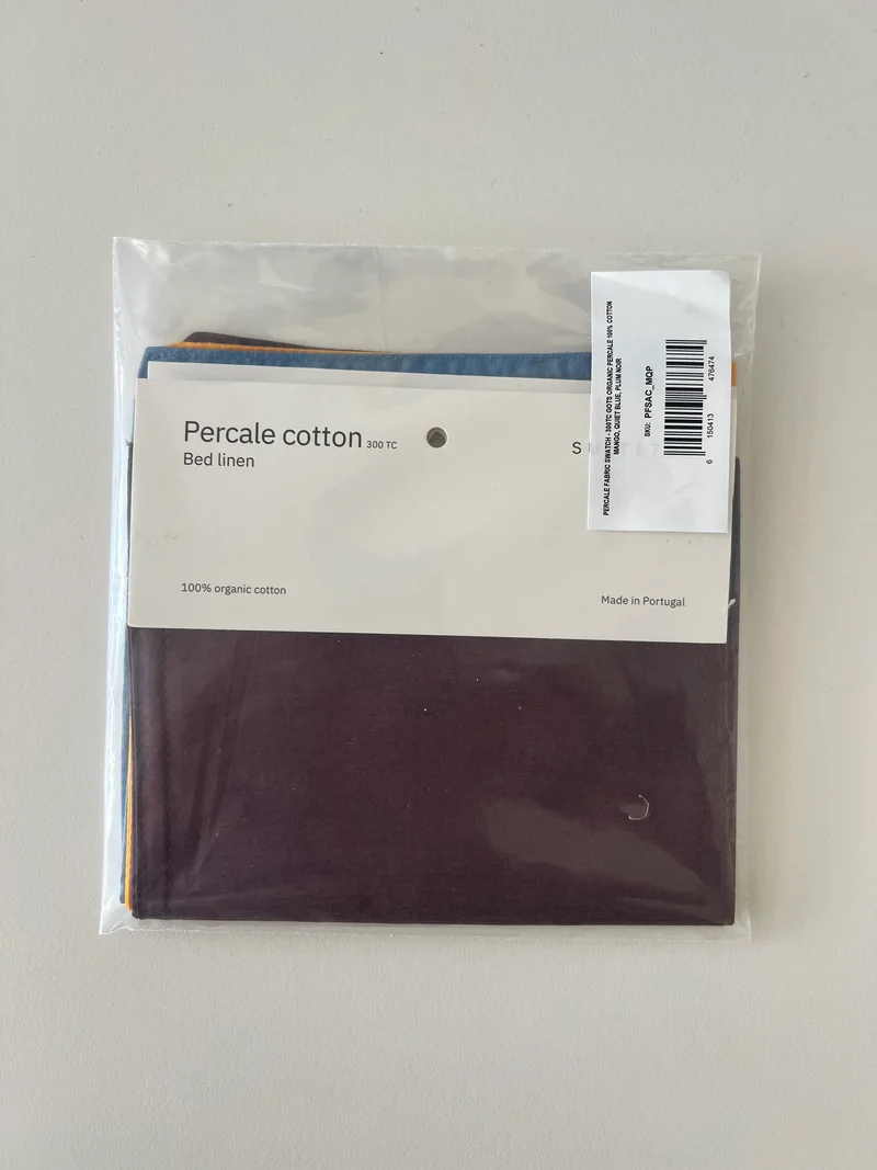 Fabric Swatch Percale Cotton Update August 2026 - Mango, Plum Noir & Quiet Blue
