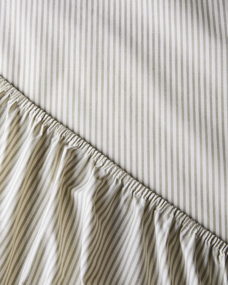 Fitted Sheet Cotton Stripe Olive Ecru
