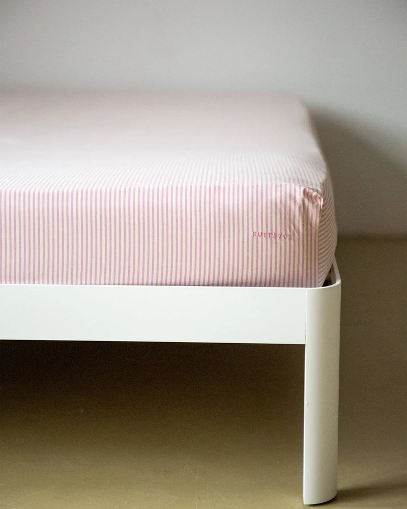 Fitted Sheet Cotton Stripe Pink Ecru