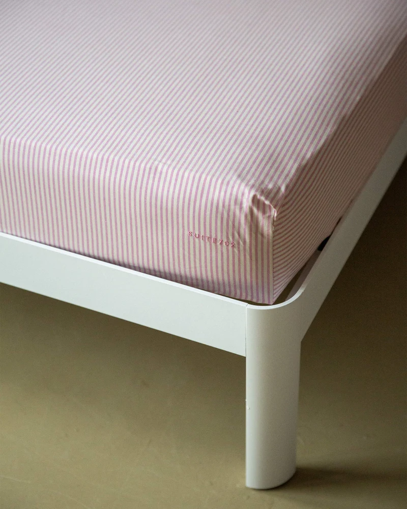 Fitted Sheet Cotton Stripe Pink Ecru