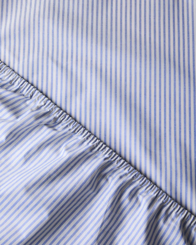 Fitted Sheet Cotton Stripe Blue Ecru