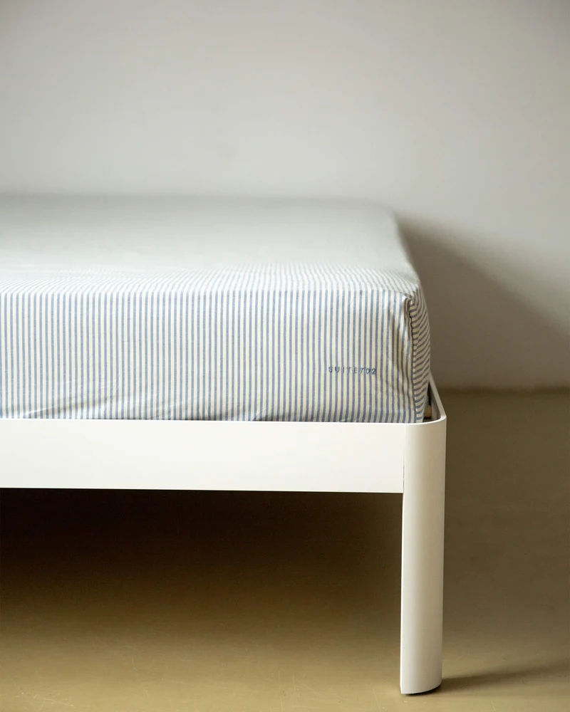 Fitted Sheet Cotton Stripe Blue Ecru