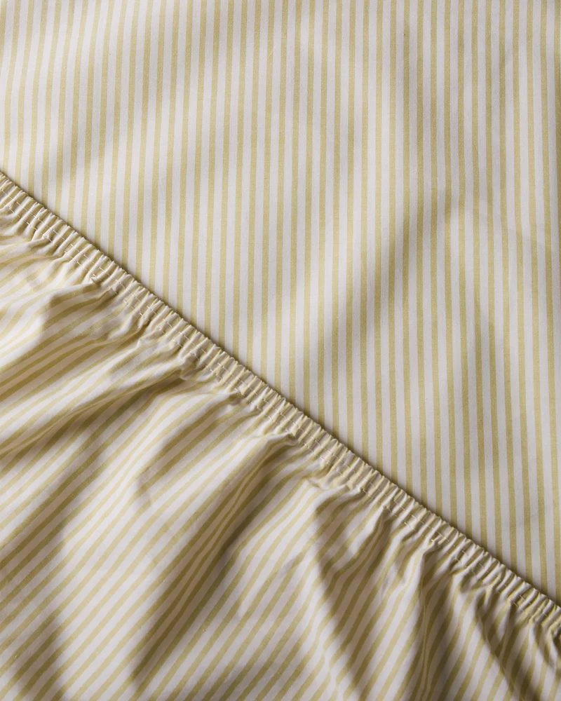 Fitted Sheet Cotton Stripe Lemon Ecru