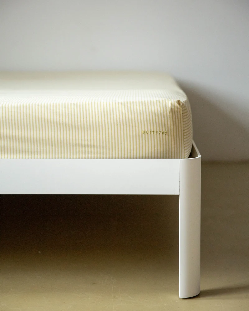 Fitted Sheet Cotton Stripe Lemon Ecru