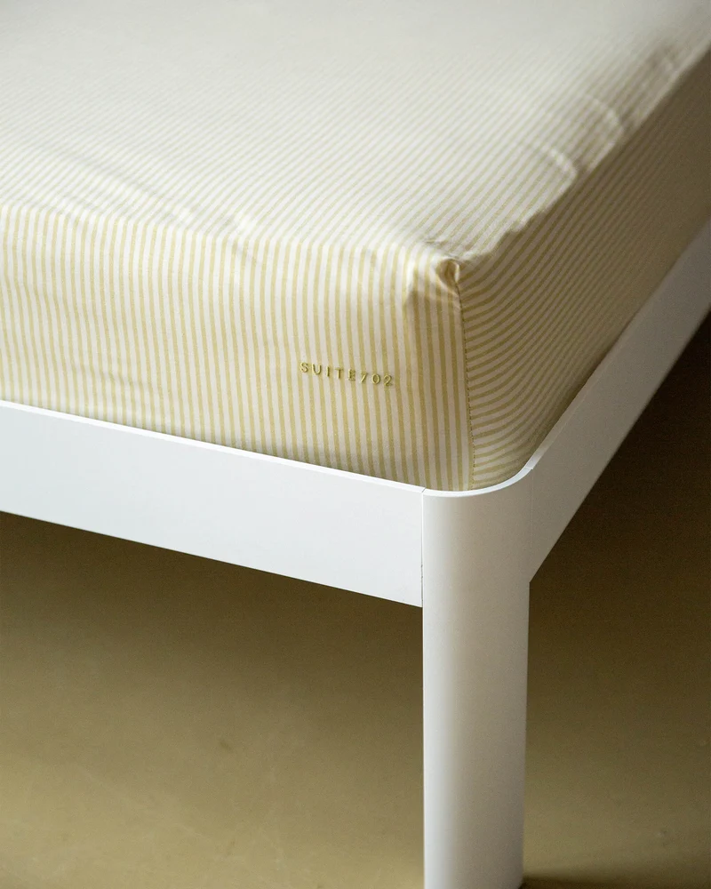 Fitted Sheet Cotton Stripe Lemon Ecru