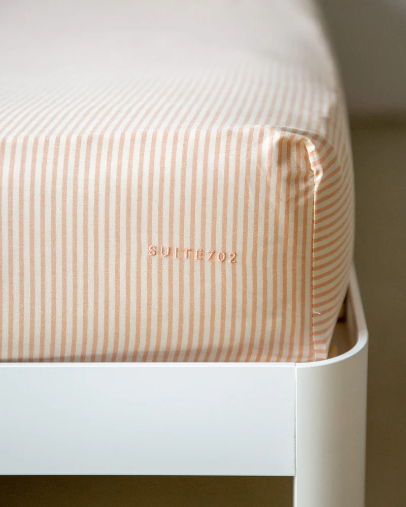 Fitted Sheet Cotton Stripe Peach Ecru
