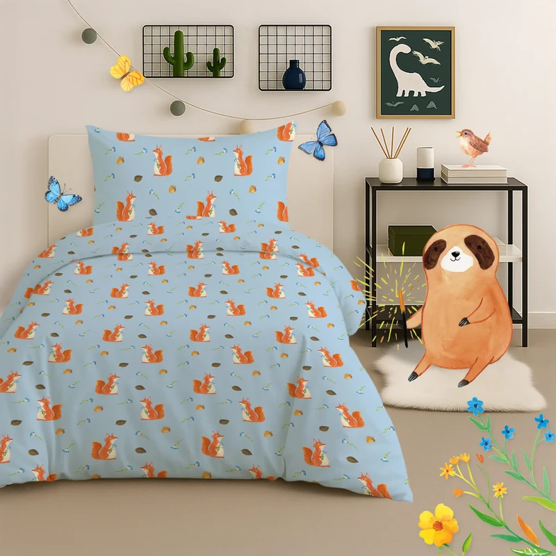 Kinderbettwäsche Eichhörnchen Blume Muster