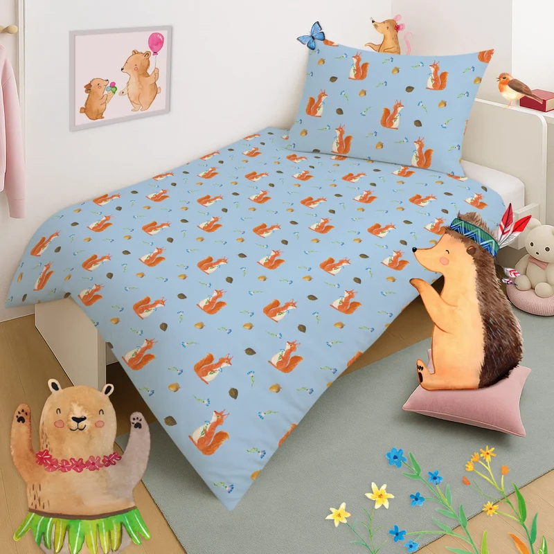 Kinderbettwäsche Eichhörnchen Blume Muster